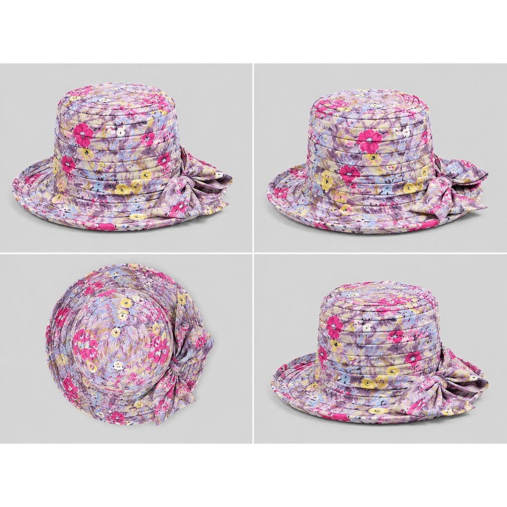 Vintage Floral Bucket Hat Purple Pink Yellow Pleated Sun Hat with Side Bow